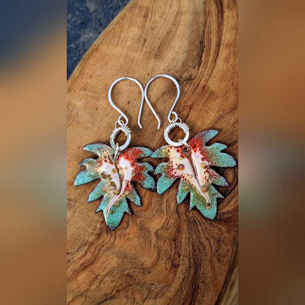 Hand Crafted Sterling Silver Earrings Artisan Leaf Charm Wire Wrap Hoop - Picture 6 of 15